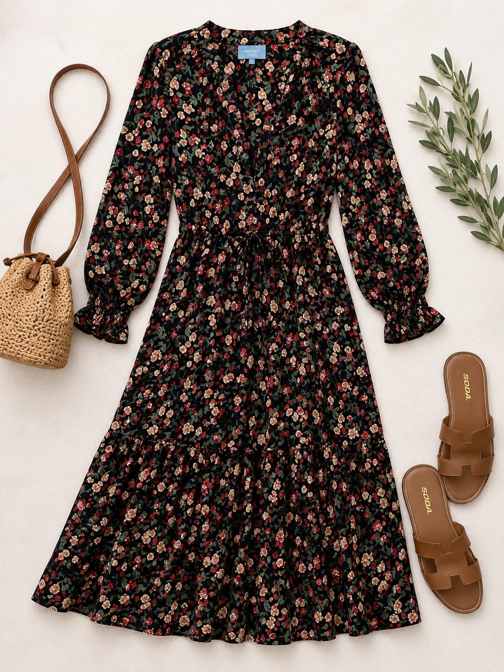 Draper James Floral Midi Dress Black Red Floral Long Sleeve Boho Preppy